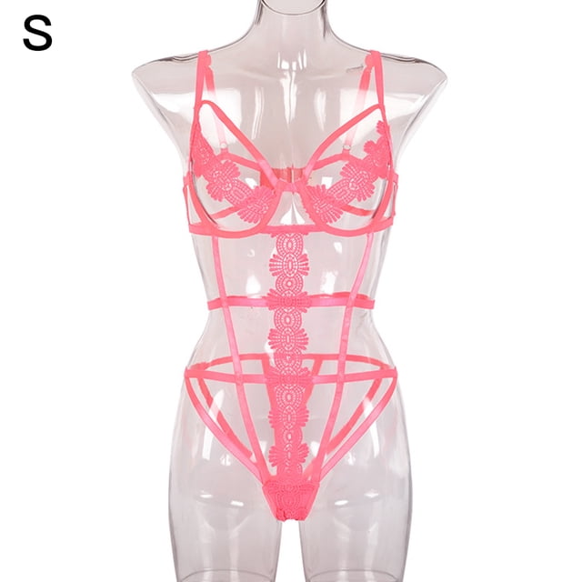 Mono de lencería sexy body de vendaje erótico de encaje de flores huecas, S, rosa AweSitey XX000114-03