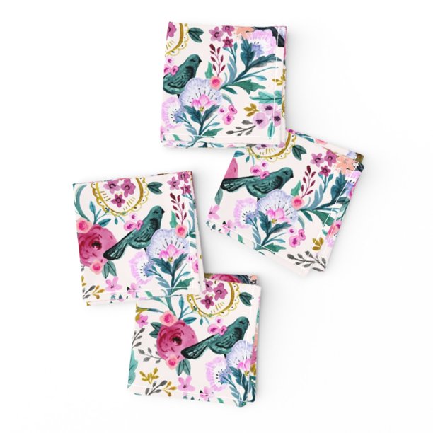 Cocktail Napkins Blue Birds Floral Summer Bird Pink Vintage Set of 4