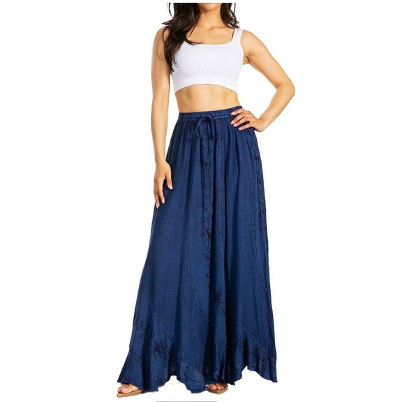 Sakkas Ahaana Women Renaissance Boho Rayon Maxi Embroidered Paneled Summer Skirt - Navy - S/M