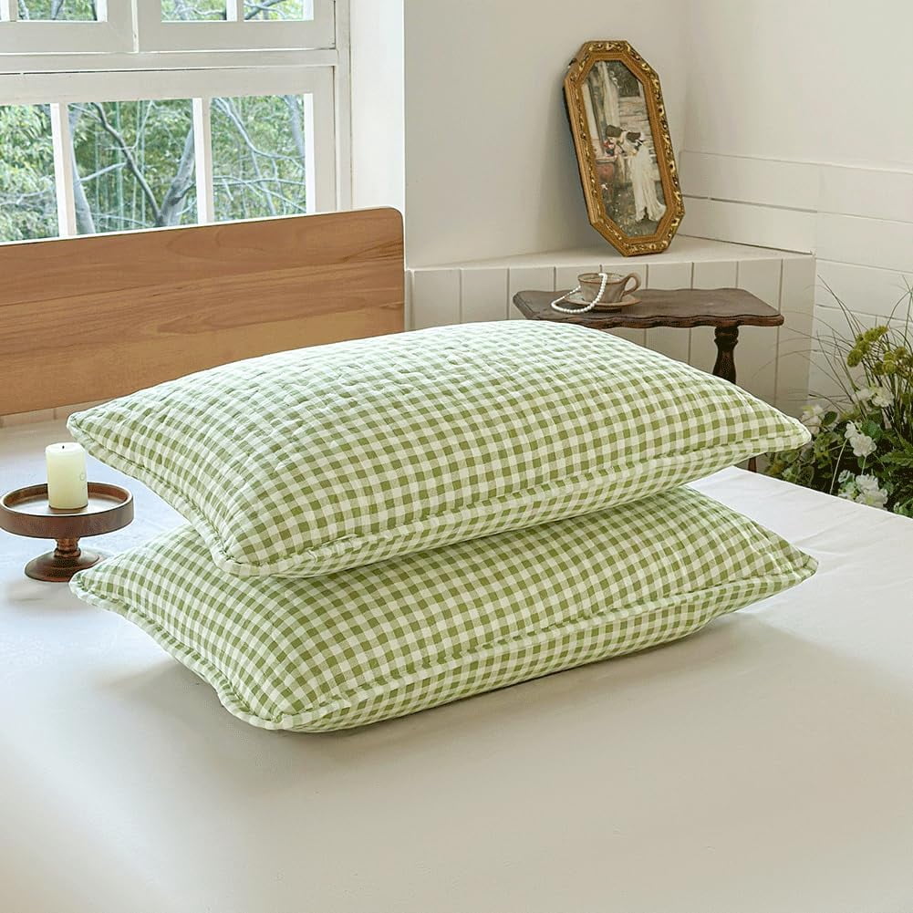 Sage Green Gingham King Quilt Set, Soft Pre-Washed Microfiber Green Plaid King Bedspread, Lightweight Checked Summer Quilt, Grid Bedding Coverlets for All Seasons (Includes 1 Quilt, 2 Pillow Shams)