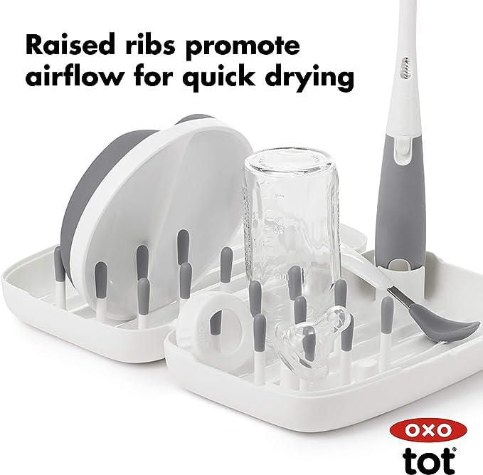 OXO Tot - On-the-Go Drying Rack with Bottle Brush - All-in-One Portable Solution for Cleaning and Drying Baby Bottles, Pump Parts and More - Grey