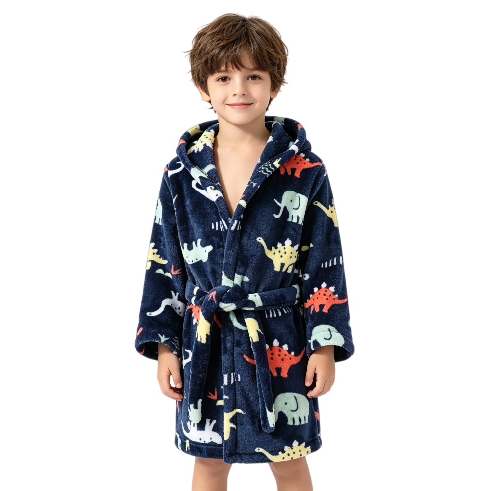 Bata con capucha para niños de 1-7 años, albornoz de felpa suave, versión media con cinturón, pijama con estampado de dibujos animados 5