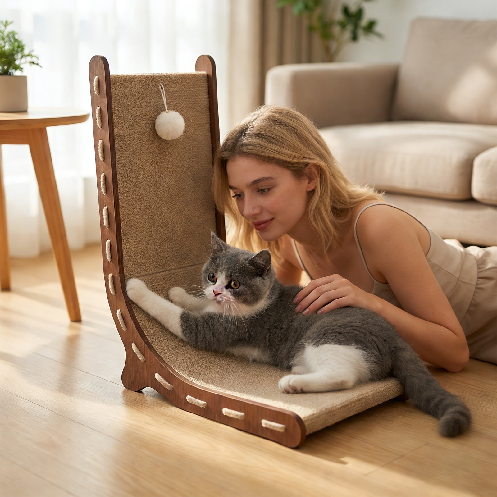 L-Shaped Vertical Cat Scratcher & Bed Combo, Durable Lint-Free Felt Cat Scratching Board With Hanging Ball Toy For Kittens & Cats, Interactive Claw
