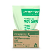 POWERTEC ASTM D6400 Certified Compostable Bags – 100 Count | 49.2 Liter - 13 Gallon Trash Bags, 0.85 Mil, US BPI and European OK Compost Home Certification - 100% Sustainable Green Products
