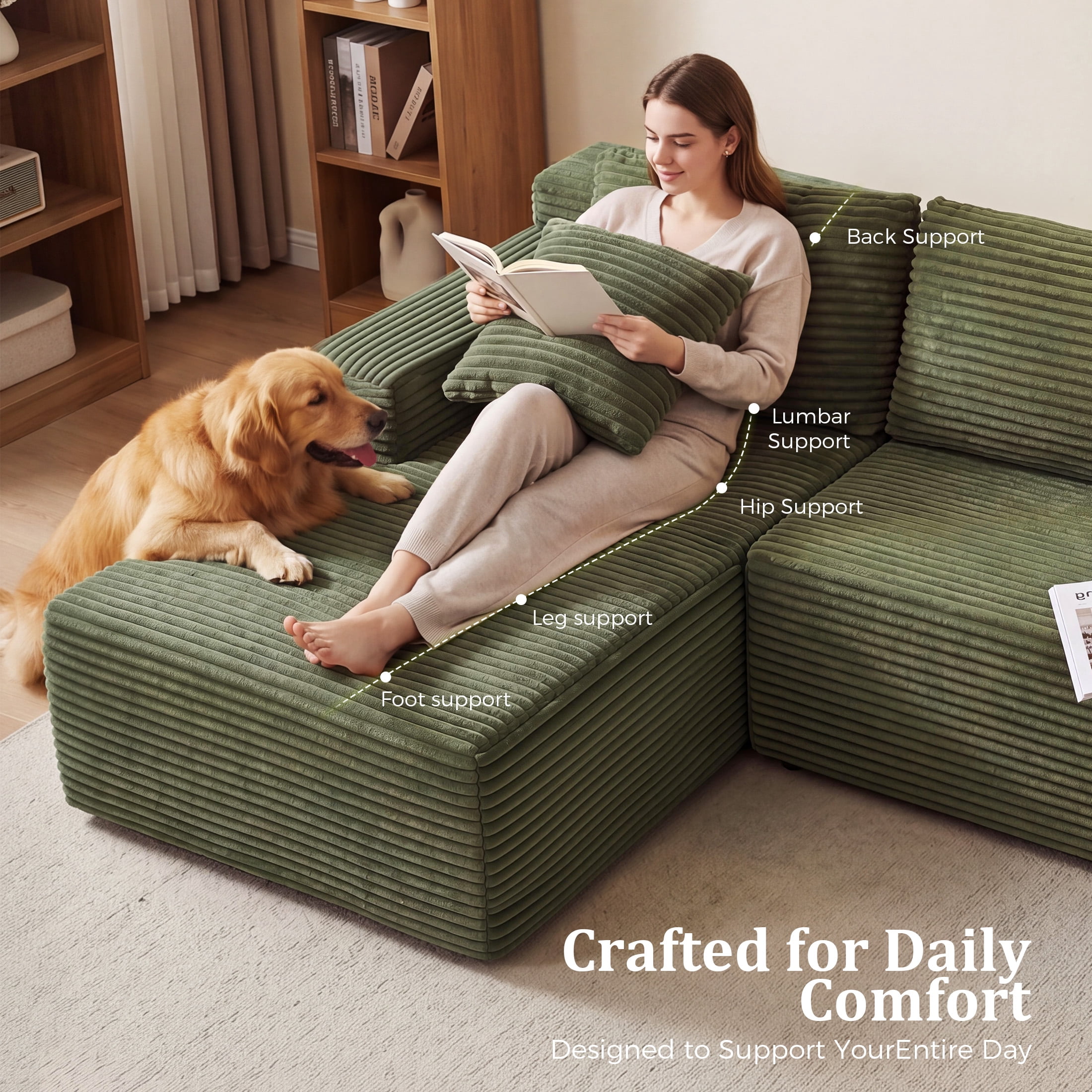 Aenkyo 106 Inch Corduroy L-Shaped Cloud Sectional Sofa with Reversible Chaise, Green