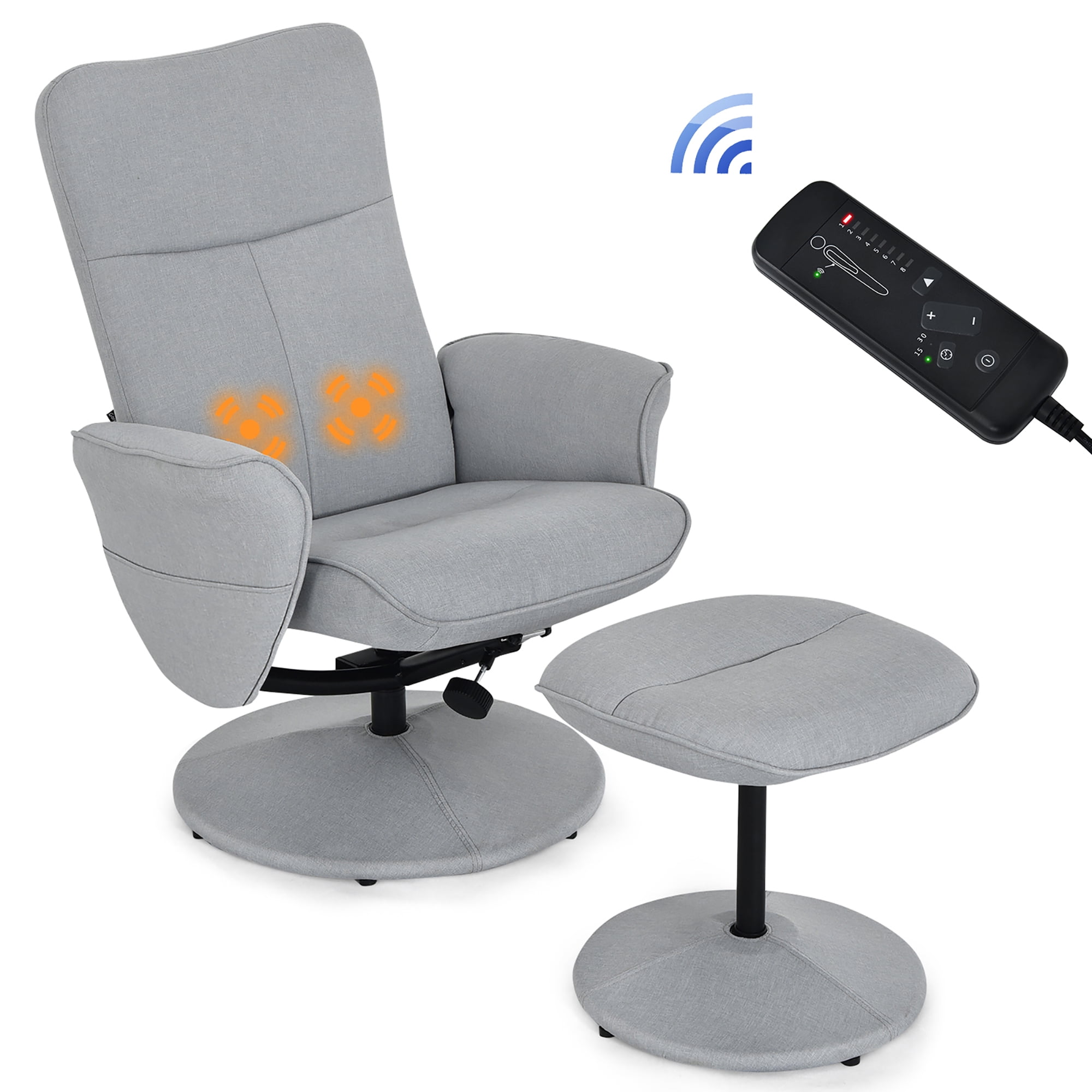 Costway Massage Recliner & Ottoman Set Swivel Lounge Chair w/ Remote Control Light Gray