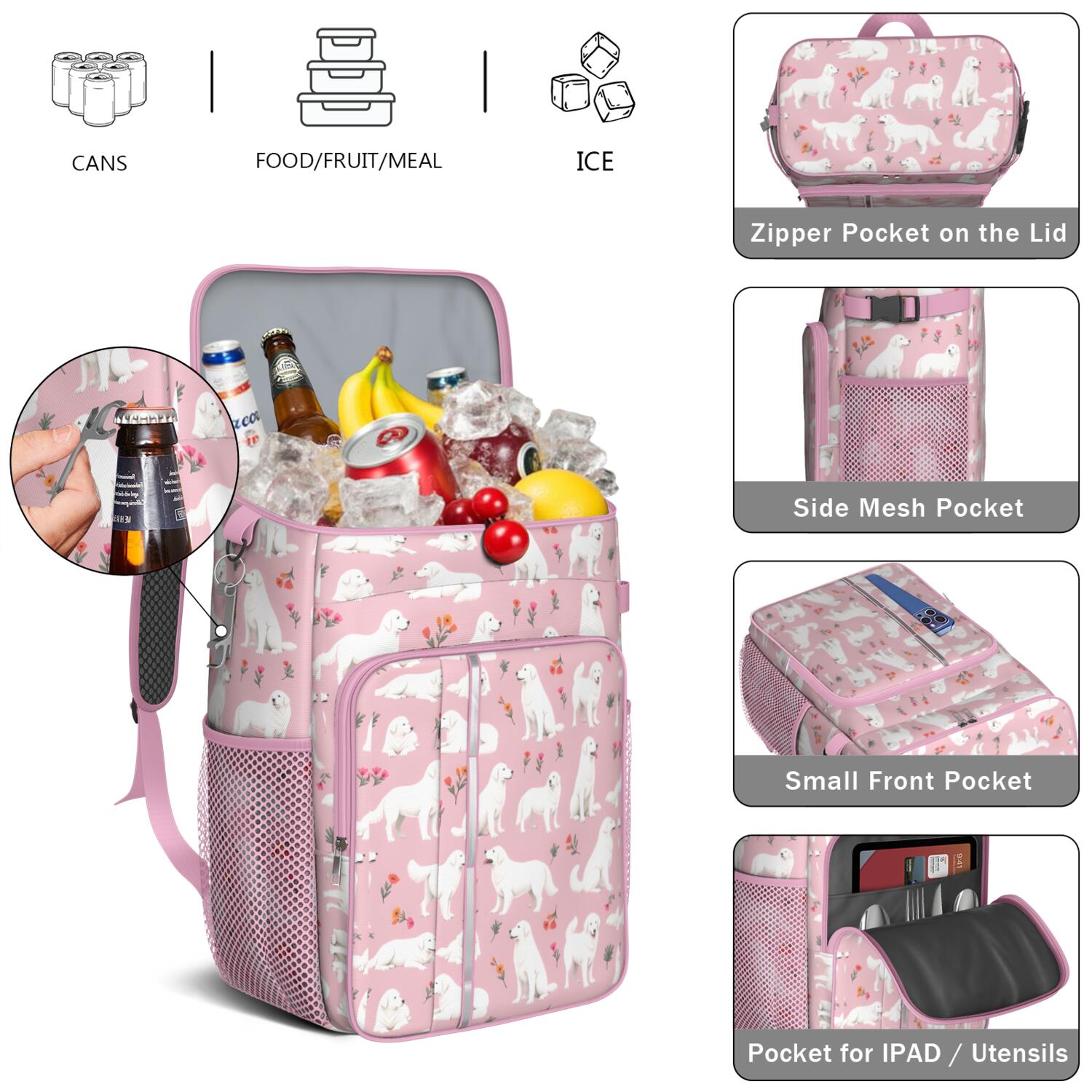 Travel Cooler Bag - White Dogs and Flowers Camping Beer Cooler Backpack with Bottle Opener- Waterproof Insulated Picnic Backpacks - Cooler Bag for Beach