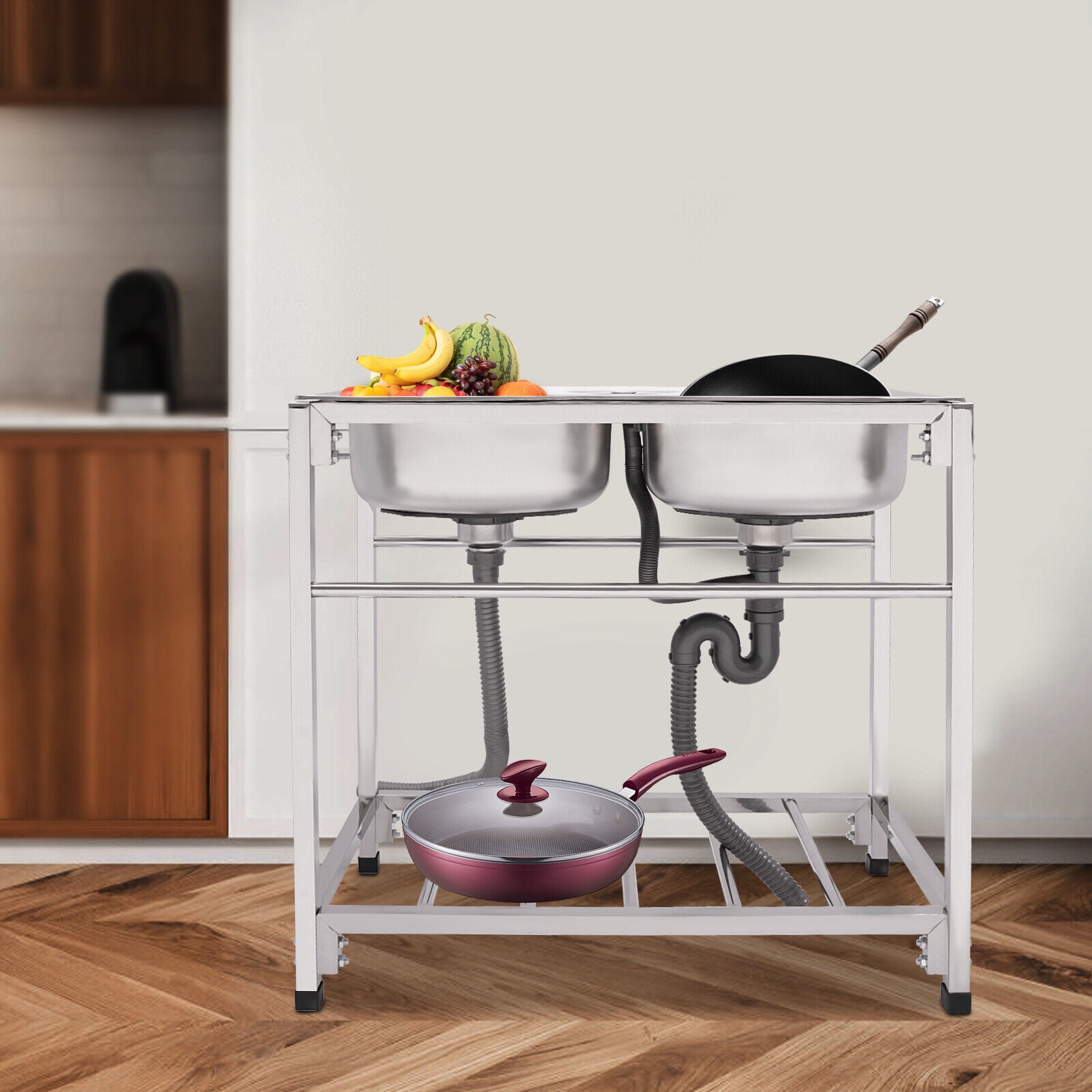 Commercial Stainless Steel Sink, Kitchen Freestanding Double Bowl Utility Sink Silver 32.7*17.3*30.3in for Stores, Garages, Utility Rooms, Kitchens
