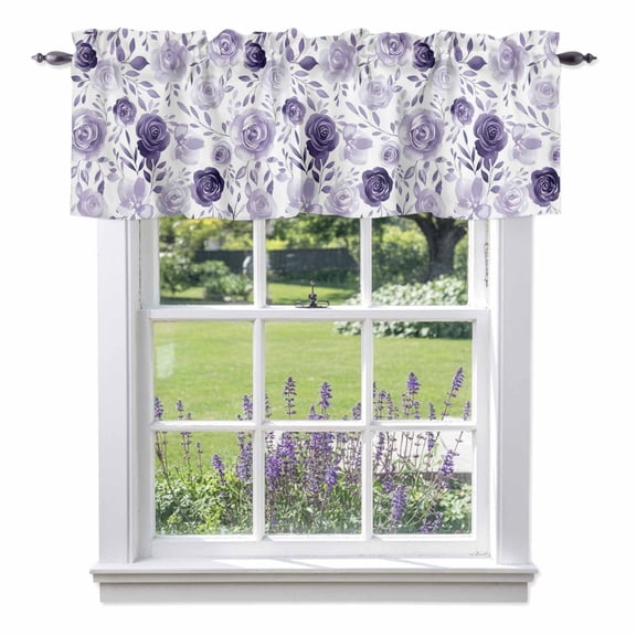 Vintage Flowers Valances for Windows, Light Purple Flowers Leaf Decoration Valance Window Treatment Rod Pocket Short Curtains Valances for Kitchen Bathroom 42"W x 18"L
