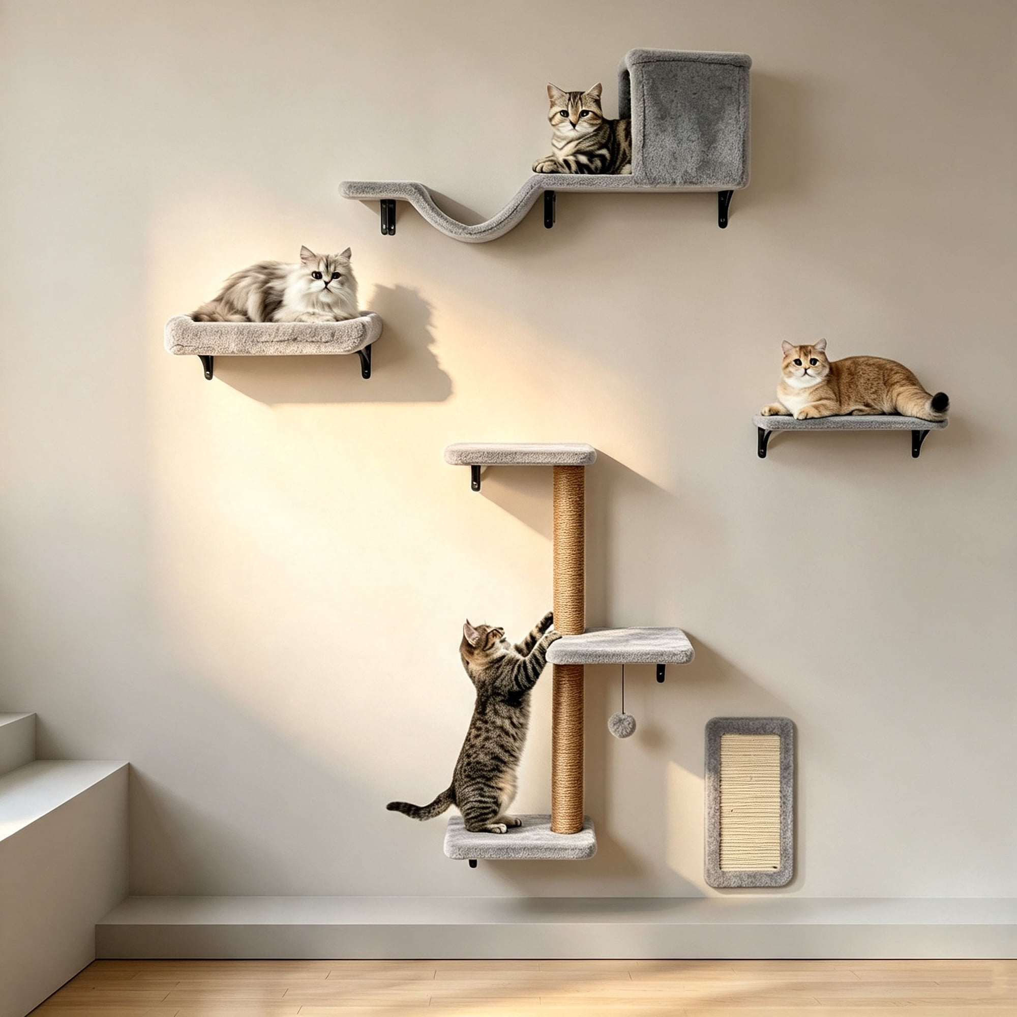 5‑in‑1 Wall Mounted Cat Shelves, Multi‑Level Cat Climbing Furniture Perch Lounge, Space‑Saving Cat Wall Shelf for Indoor Cats Play Rest, Natural Wood‑Light Gray