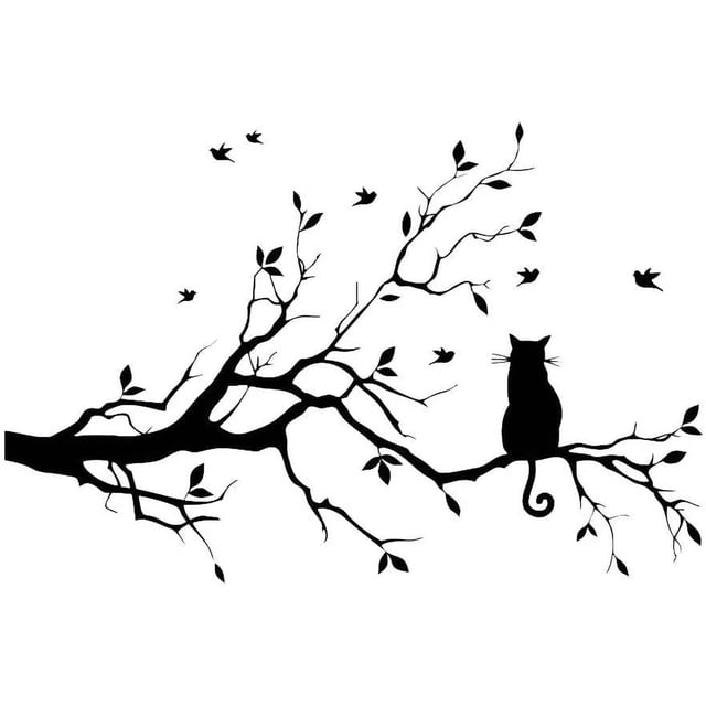 Pegatinas de pared con ramas de árboles negros, hojas de vivero, vinilo extraíble para pared, papel tapiz, decoración del hogar para sala de estar, dormitorio y decoración de granja (gato)