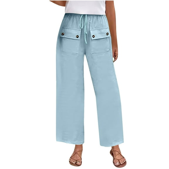 Cmfcve Women's Casual Pants & Capris Solid Color High Waist Straight Pants Casual Pocket Button Drawstring Sweatpants