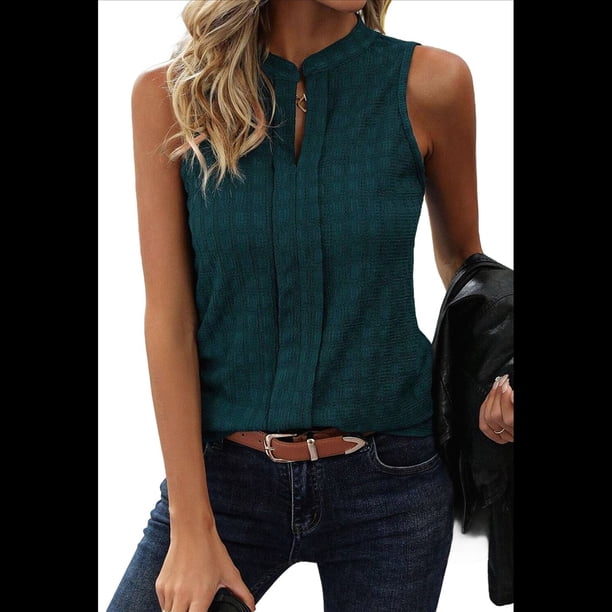 Top Sin Mangas con Cuello en V de Color Liso para Mujer, Verde Oscuro, Talla XL
