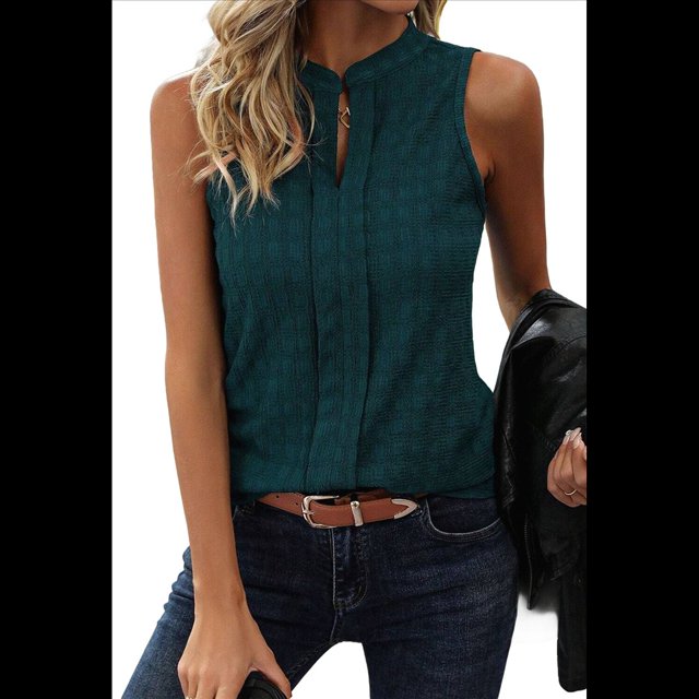 Top Sin Mangas con Cuello en V de Color Liso para Mujer, Verde Oscuro, Talla XL