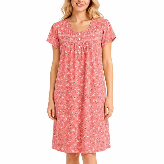 Yafemarte Women’s Nightgown Short Sleeve Cotton Blend Floral Sleep Gown, Lace Trim Henley Sleepwear for Women, Soft Plus Size Lounge Dress, Nightgowns for Women, Comfy Soft Sleep Gown, Pink, 2X