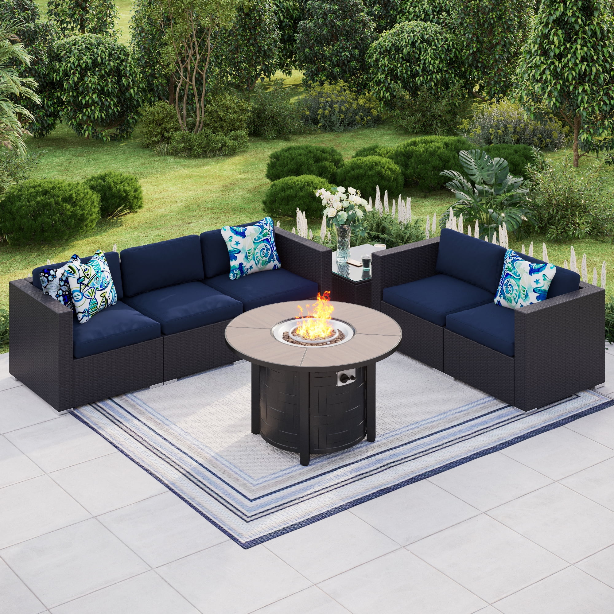 MF Studio 7 Piece 42' Gas Fire Pit Table Set, 50000 BTU Gas Fire Pit Table with Outdoor Rattan Sectional Sofa Sets Suitable for Garden, Patio, Yard