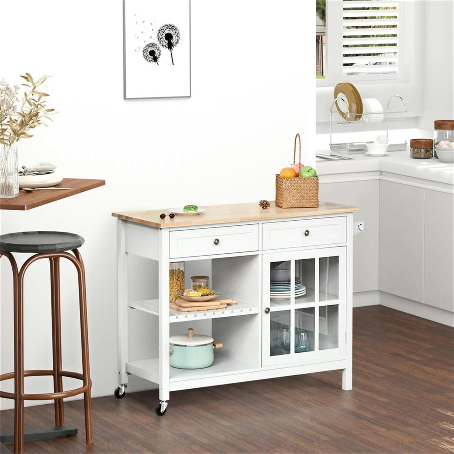 Demi Bonn Kitchen Island Cart on Wheels with Storage, Rolling Dining Room Serving Utility Carts Mobile Movable with Adjustable Shelf and Drawer, White
