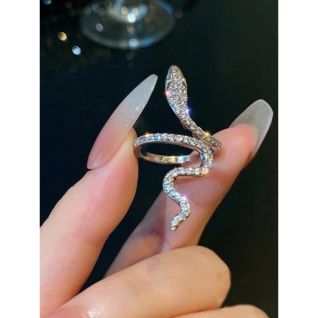 1pc S925 Silver Snake Ring Cubic Zirconia Opening Adjustable Animal Band Ring for Women Fashion Rhinestones Jewelry Gifts for Teen Girls Friend Family