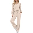 thumbnail image 3 of Lounge Sets for Women Vacation Travel Outfits Fashion Solid-Color Long Sleeve Turndown Collar Top Elastic Waist Pants Sets, 3 of 8