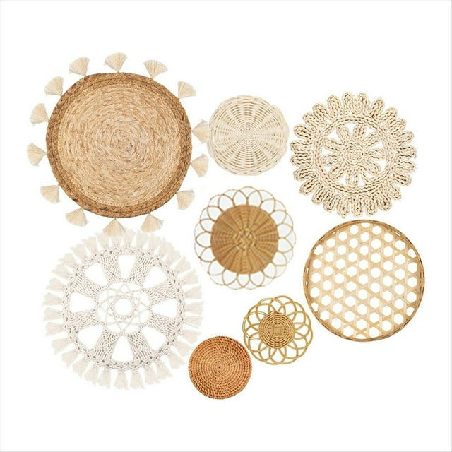 Cesta de Pared , Cesta Tejida para Colgar en la Pared, Tapiz de Macramé con Borlas Redondas, Paquete de 8