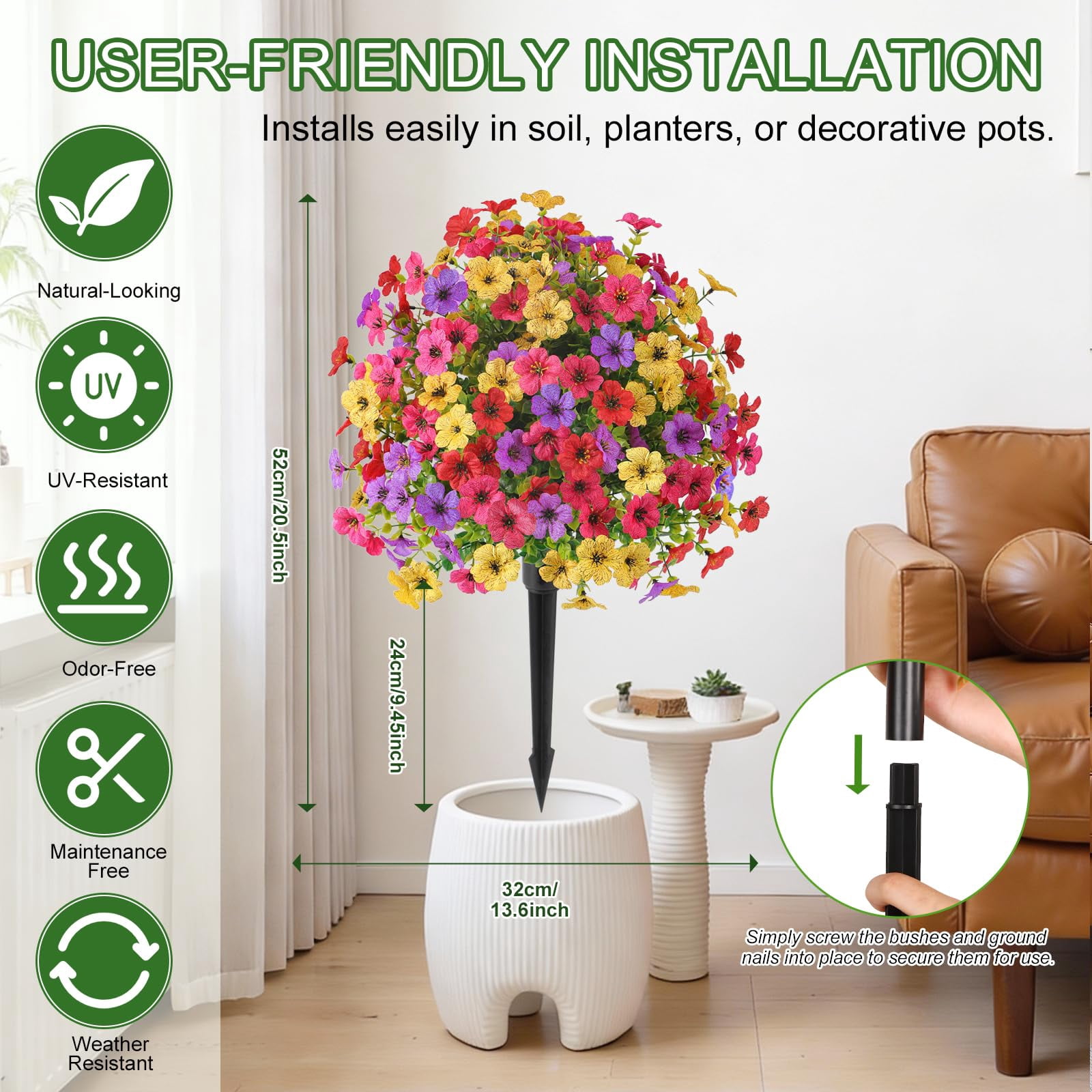 Alupssuc 2 Pcs 20" Artificial Topiary Ball Flowers For Outdoors Planters, Spring Decoration with Spike, UV Resistant Faux Summer Plants