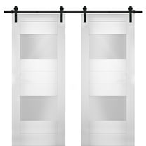 Modern Double Barn Door 64 x 84 inches with Opaque Glass 2 Lites / Sete 6222 White Silk / 13FT Rail Track Set / Solid Panel Interior Doors