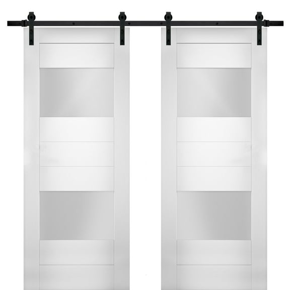 Modern Double Barn Door 64 x 84 inches with Opaque Glass 2 Lites / Sete 6222 White Silk / 13FT Rail Track Set / Solid Panel Interior Doors
