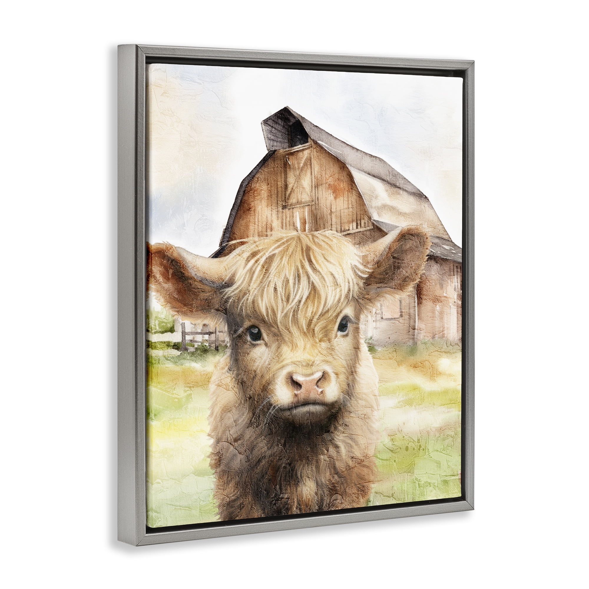 Stupell Industries Cattle Little at Farm Animals Painting Gray Floater Framed Canvas Art Print Wall Art, 25 x 31