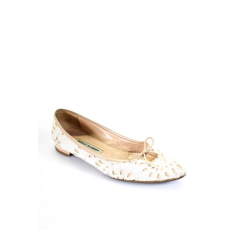 

Pre-owned|Manolo Blahnik Womens Cut Out Eyelet Canvas Overlay Ballet Flats White Beige 37