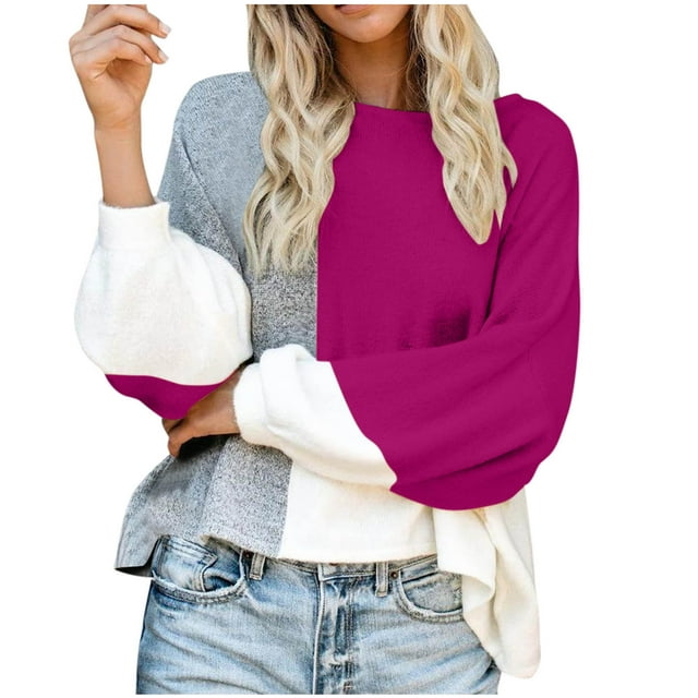 Pisexur Chandails pour Femmes, Chandails à Manches Longues Tendance, Col Rond, Patchwork Coloré, Automne, Blouse Ample, Chandail-Over Surdimensionné pour Femmes