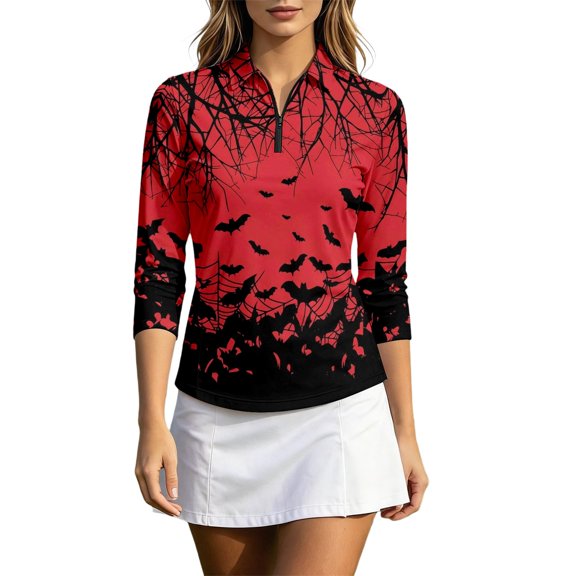 Ladies Halloween Bat Branch Printed 3/4 Sleeve Golf Polo Shirt Women Quarter Zip Collar Athletic Performance Top Casual Daily Sports Wear(Red,L)
