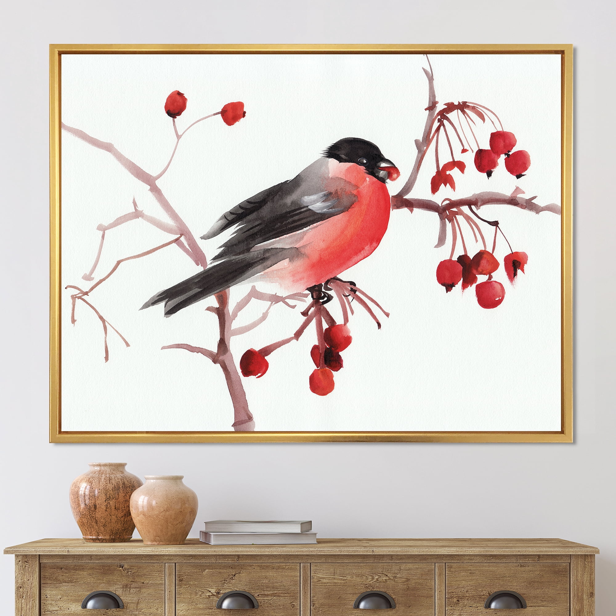 Designart 'Bullfinch Bird Sitting On A Branch' Traditional Framed Canvas Wall Art Print