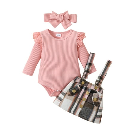 

Sunisery Infant Baby Girls 3 Pieces Outfit Solid Color Knitted Ribbed Long Sleeve Romper+Plaid Suspender Bib Skirts+Headband Set