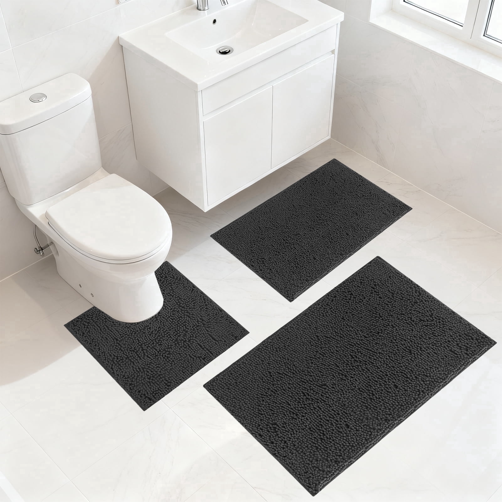3 Pieces Bath Mat Set, Soft Chenille Bathroom Rugs Mat, Absorbent Spa Shaggy Bath Rugs Set, Machine Washable & Non Slip Bath Mats for Bathroom, Tub, Shower（Black）