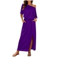 thumbnail image 2 of Antinious Ladies Neck Elastic Waist Flowy Off Shoulder Short Sleeve Split Hem Beach Dress, 2 of 5