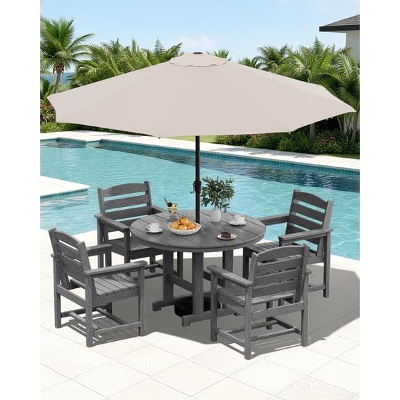 SERWALL 6-Pc Dining Set, 45" Table, 4 Chairs&9FT Umbrella, Grey (No Base)
