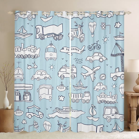 Feelyou Kawaii Streamship Aircraft Black Out Curtains, Cute Truck Car Curtains Pack of 2 (42x63 Each), Blue Cartoon Vehicle Bedroom Curtains, Window Curtains Home Decor