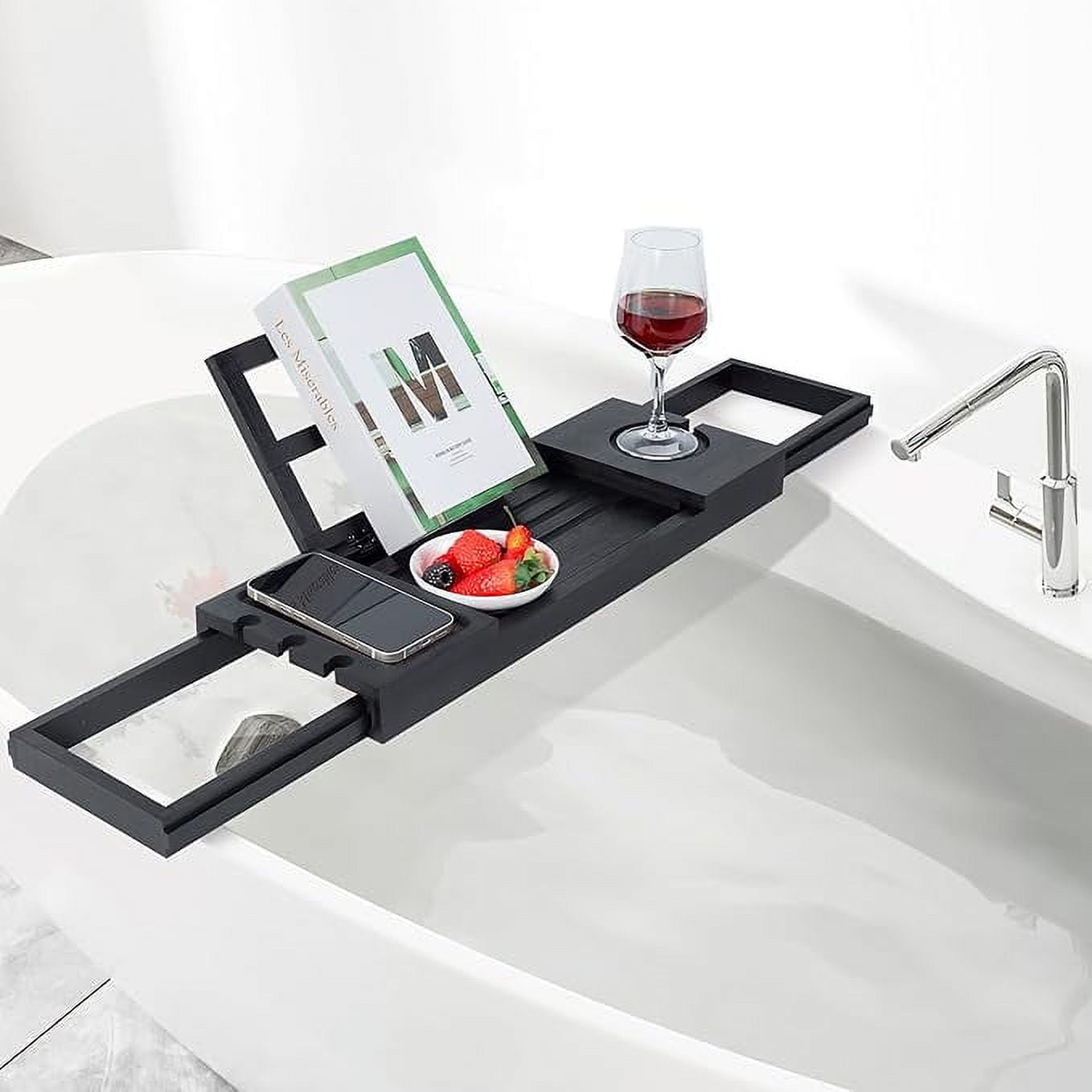 Utoplike Bamboo Bathtub Tray Black, Adjustable Bath Caddy Table for Tub, Bathroom Organizer with Book Tablet Wine Glass Cup Towel Holder