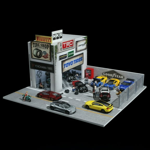 Diorama 1:64 Car Garage Model LED Lighting City Street Repair Workshop Scene Display Model,Die-cast Car Display Case