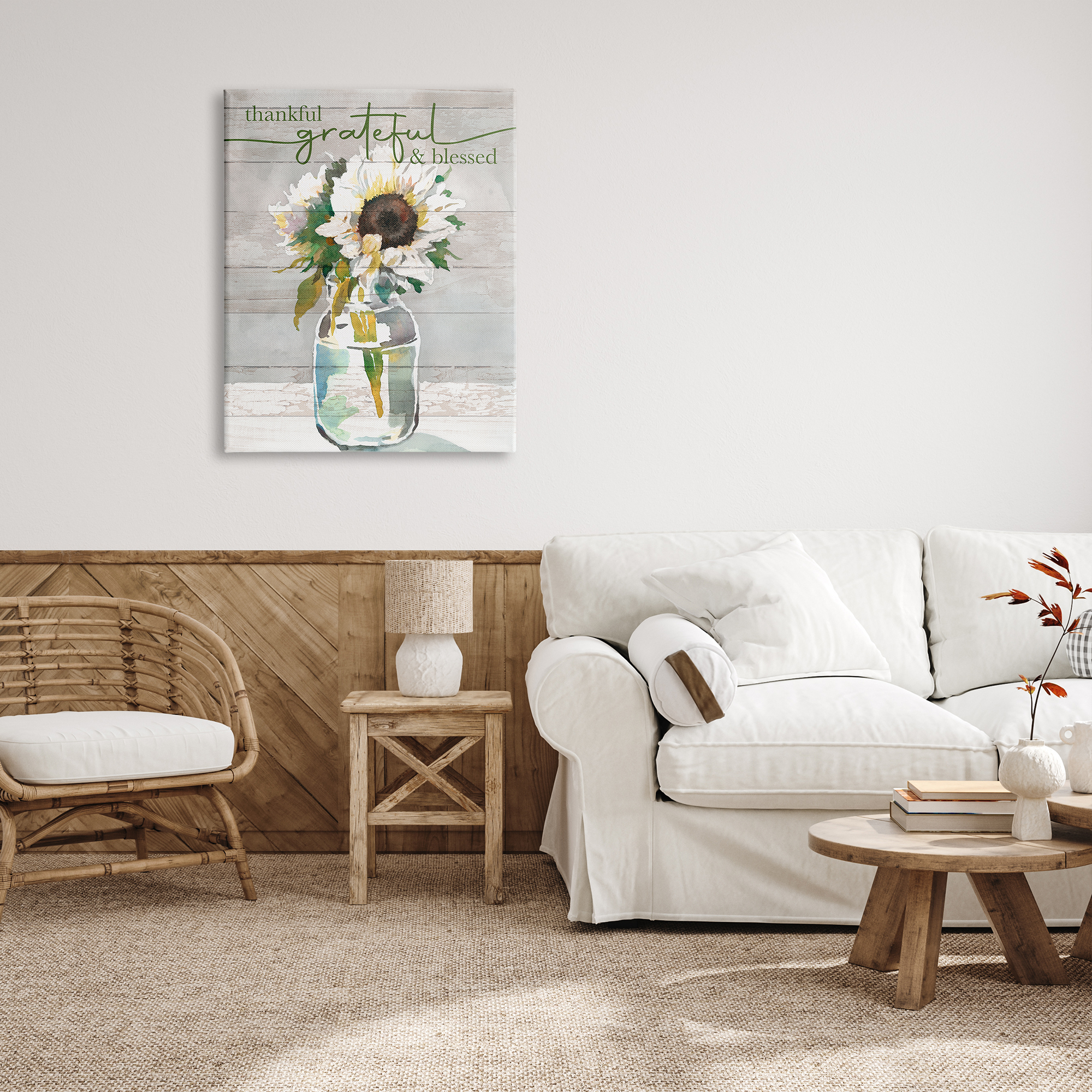 Stupell Industries Grateful & Blessed Layered Sunflower Country Planked Pattern Graphic Art Gallery Wrapped Canvas Print Wall Art, Design by Theresa Heidel