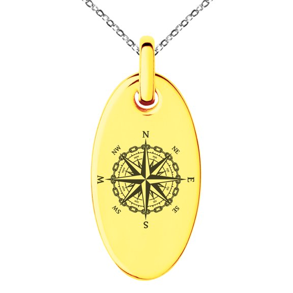 Stainless Steel Nautical Chaim Compass Engraved Small Oval Charm Pendant Necklace