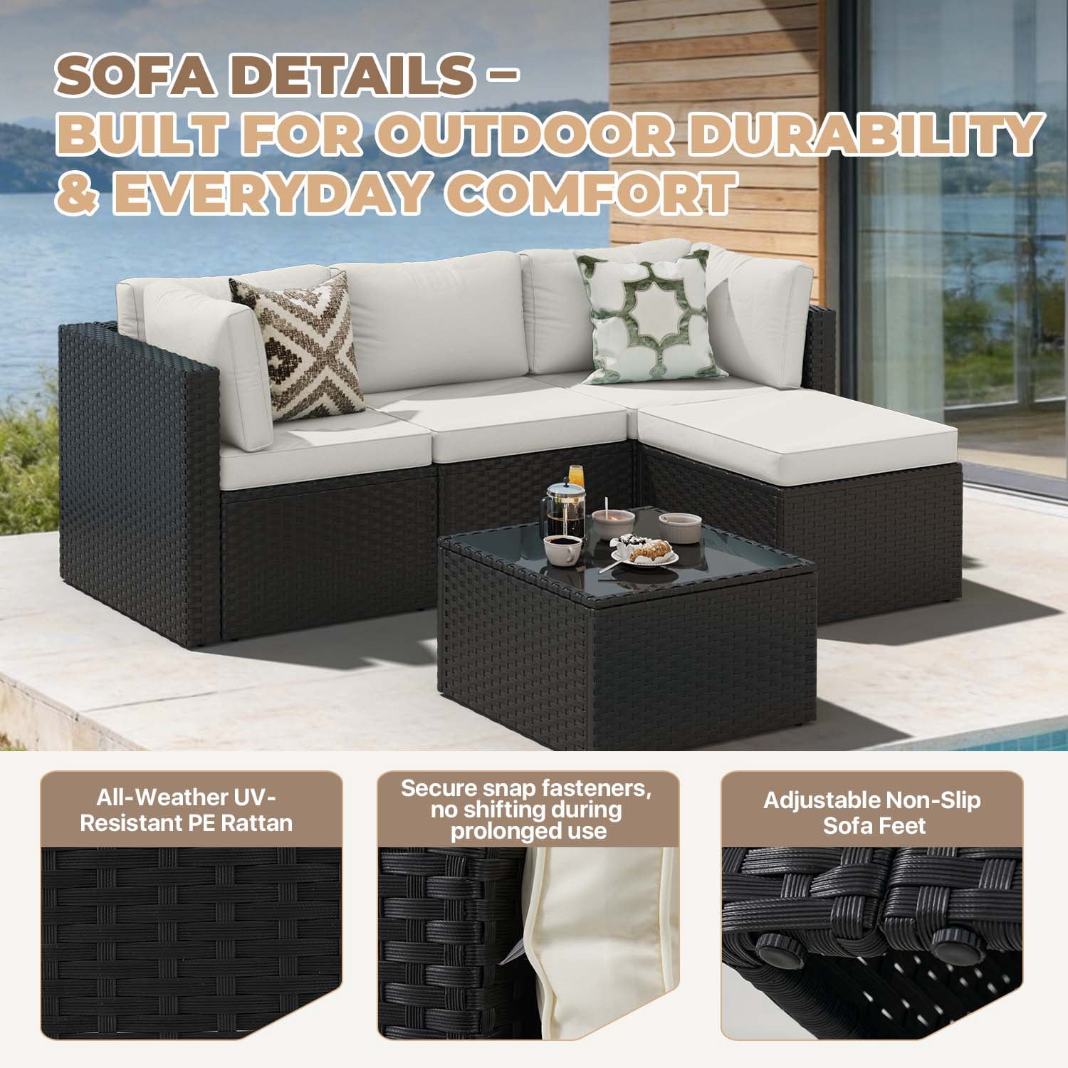 BaPiPro Modular Outdoor Wicker Patio Furniture Set with Tempered Glass Coffee Table & Removable All-Weather Cushions for Backyard, Poolside & Balcony Beige