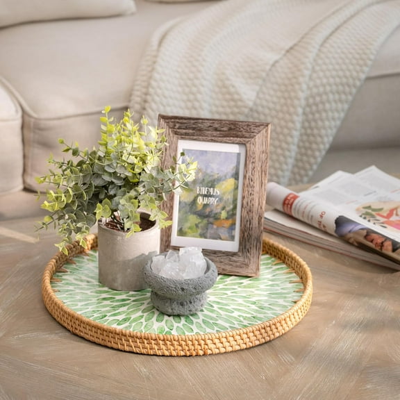 Decorative Coffee Table Trays for Home Decor, Round Rattan Tray with Mother of  Inlay, Large Wicker Woven Serving Tray Decor for Kitchen Counter, Living Room and Ottoman, Green