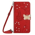 thumbnail image 6 of SaniMore Case for Google Pixel 8 6.3" 2023, [Crossbody/Wrist Lanyard] PU Leather Embossed Butterfly [Diamond Clasp] Card Slots Kickstand Shockproof Glitter Wallet Shell, Red, 6 of 13