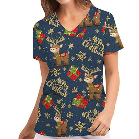 

purcolt Women s Plus Size Scrubs Tops Christmas Floral Print Shirts Short Sleeve V-Neck Working Uniforms Nurse Medical Workwear Casual Loose Comfy Blouse with Pockets