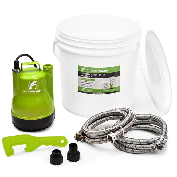 FLUENTPOWER Tankless Water Heater Descaling Flush Kit, Includes 1/4HP Submersible Utility Water Pump with Adapters, 4 Gallon Pail with Bucket Lid Opener, Two 3/4"GHT x 6' Stainless Steel Hoses