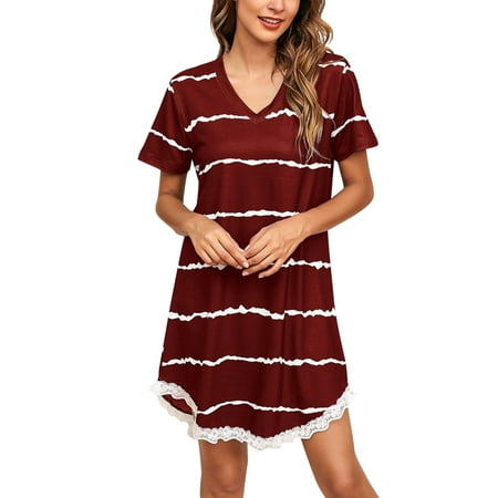 

Cotton Shirt Womens Short Sleeve Striped Printing Sleepshirt V Neck Lace Cute Nightdress Comfy Nightgown Dress Lingerie for Women Cute