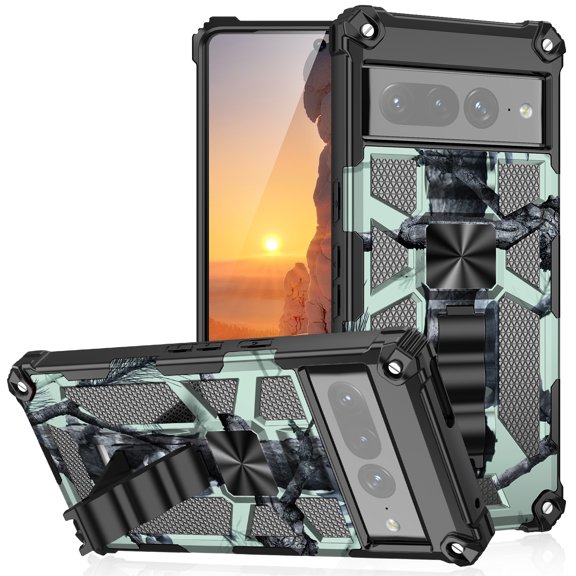 SaniMore for Google Pixel 6 Pro Case, Rugged PC & Soft TPU CD Magnetic Cover Built-in Car Mount & Multi-View Kickstand Camouflage Military Grade Shockproof Heavy Duty Protective Shell, Mint