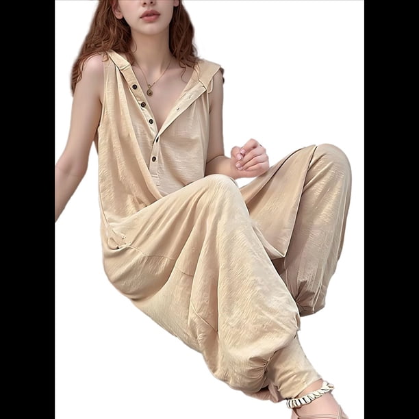Mono con Botones y Capucha para Mujer, Sin Mangas, con Bolsillos Cremoso S