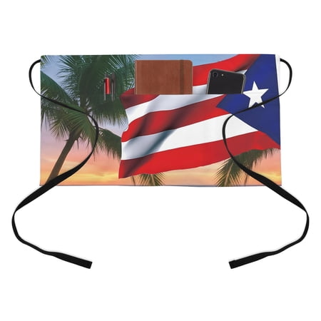 Puerto Rico Flag Kitchen Restaurant Half Waist Apron, US Vintage Beach Palm Trees Server Short Apron with 3 Pockets Waterproof Oil Waist Aprons for Women Waitress Waiter